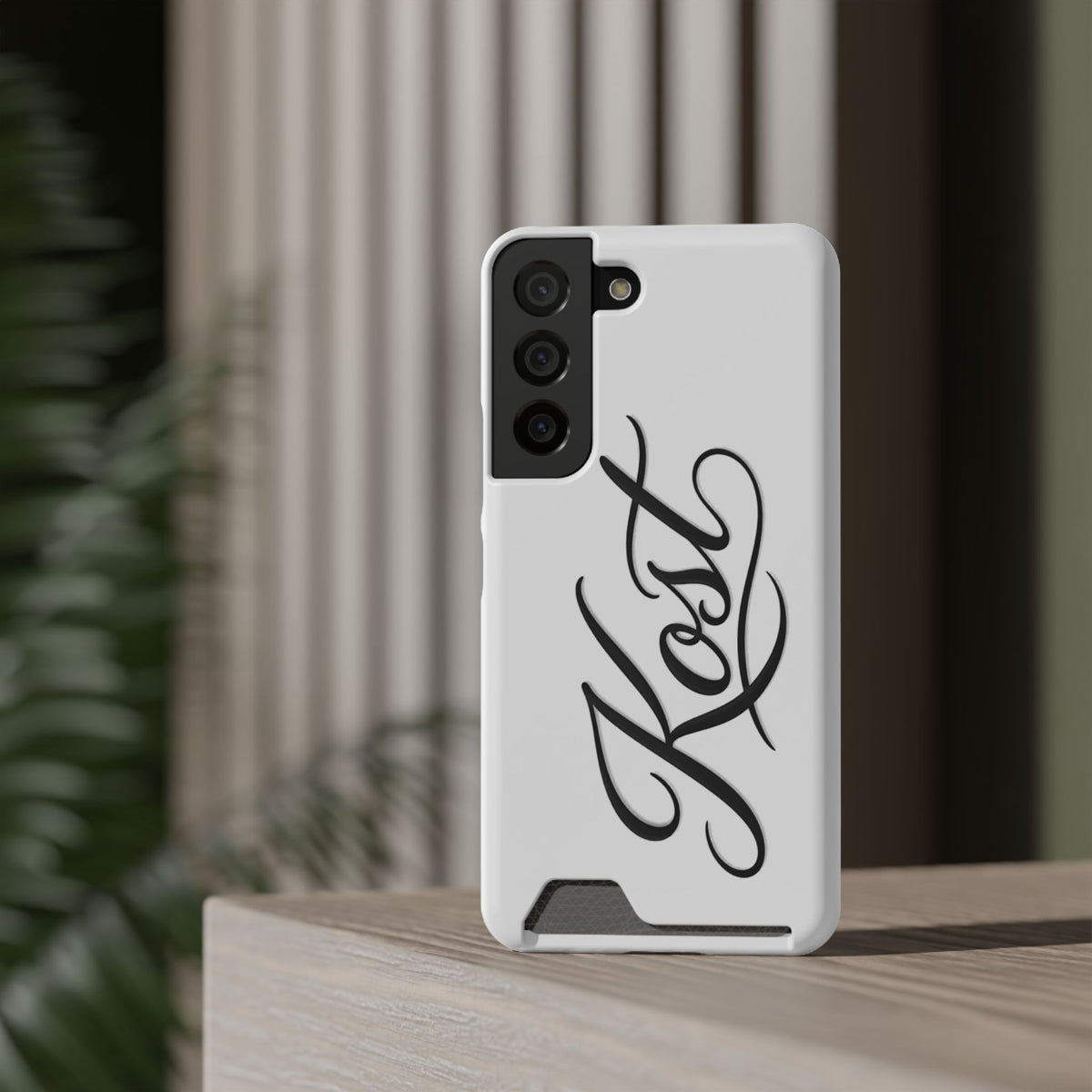 Phone Case with Card Holder – Elegant Black Calligraphy Design