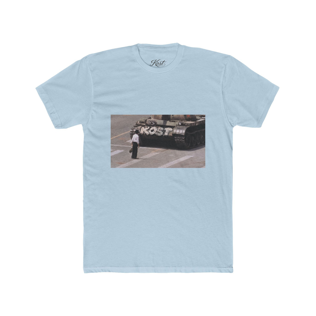 Vintage Photo Tee — Man Facing Tank with 'KOST' Graffiti