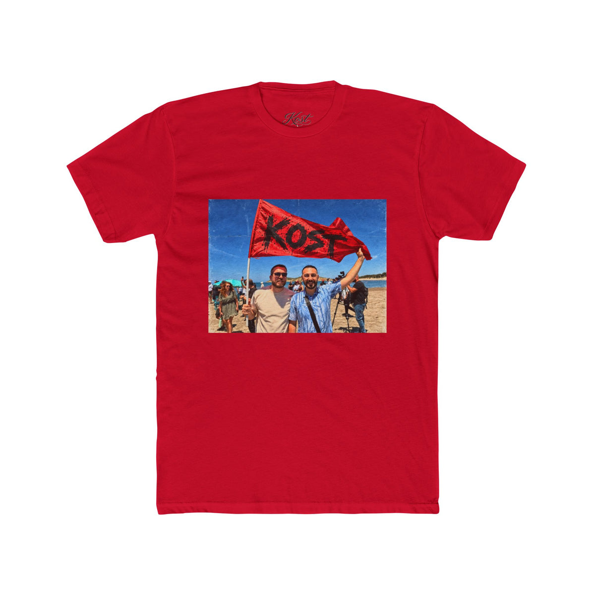 Vintage Road Trip Tee — Friends Holding 'KOS' Flag Photo Print