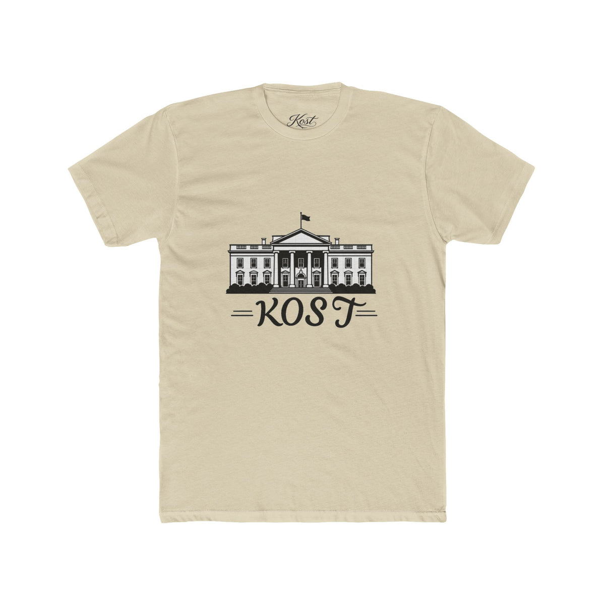 White Tee with White House Illustration and "KOST" Script – Patriotic Graphic T-Shirt