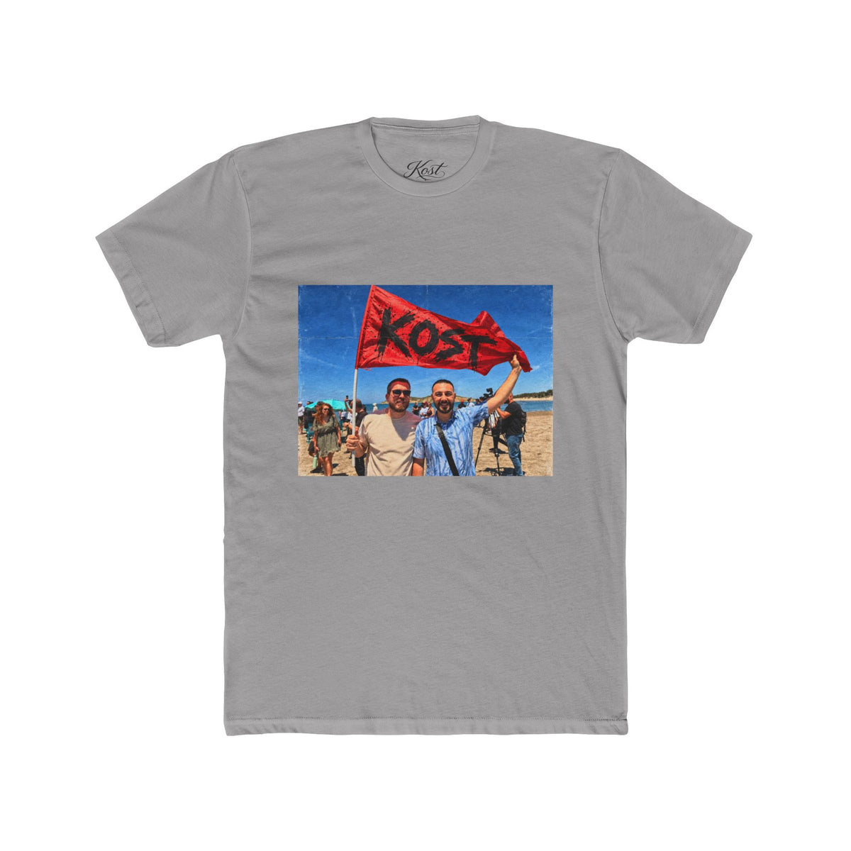 Vintage Road Trip Tee — Friends Holding 'KOS' Flag Photo Print