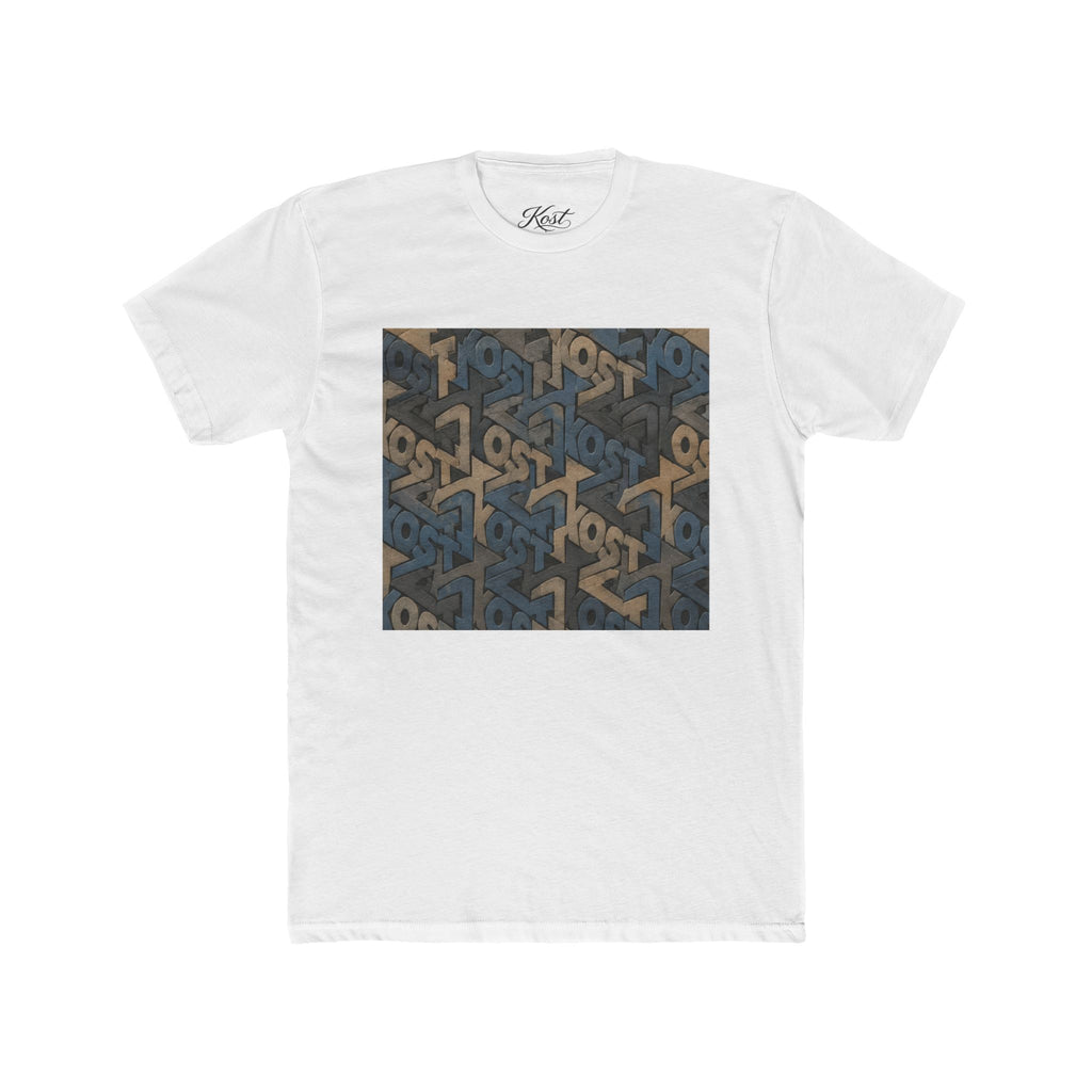 Geometric Maze Graphic Tee — Vintage Blue & Brown Optical Pattern