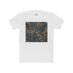 Geometric Maze Graphic Tee — Vintage Blue & Brown Optical Pattern