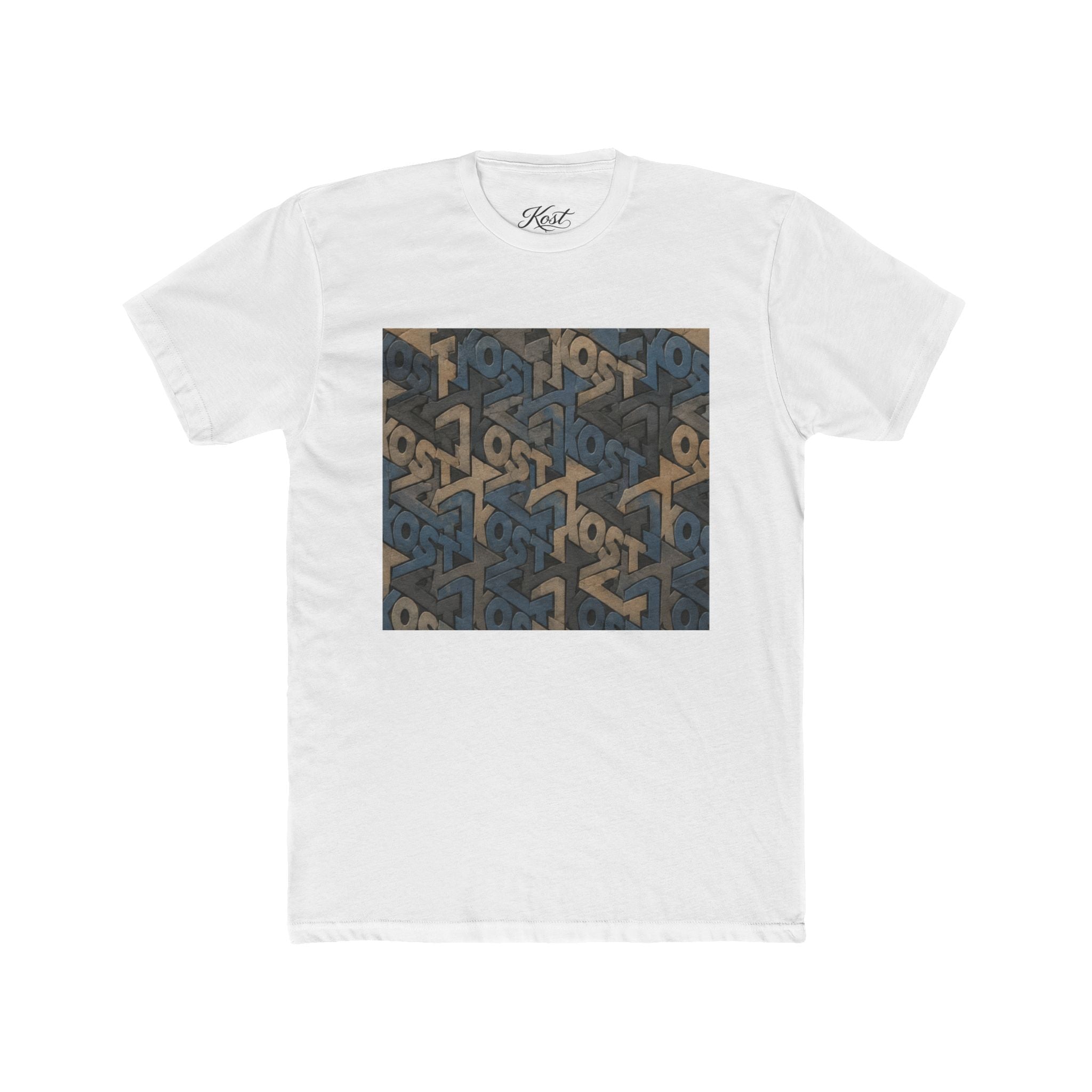 Geometric Maze Graphic Tee — Vintage Blue & Brown Optical Pattern