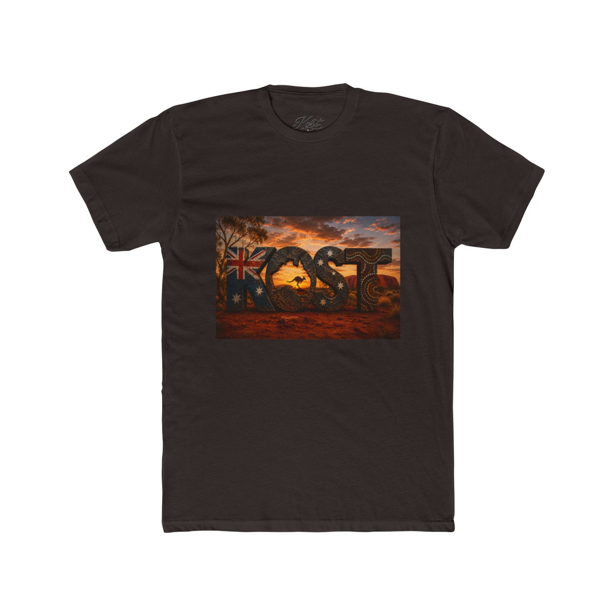 Aussie Sunset Coast T-Shirt — "Aussie" Kangaroo & Boomerang Beach Graphic Tee
