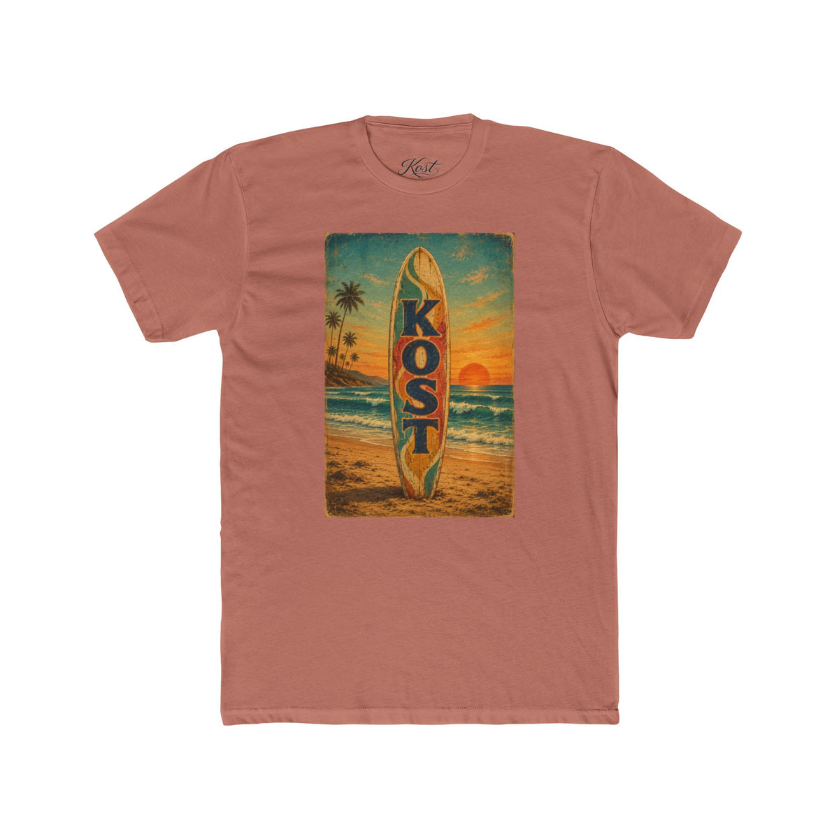 Surfboard Beach Tee – 'KOST' Vintage Sunset Surf Shirt