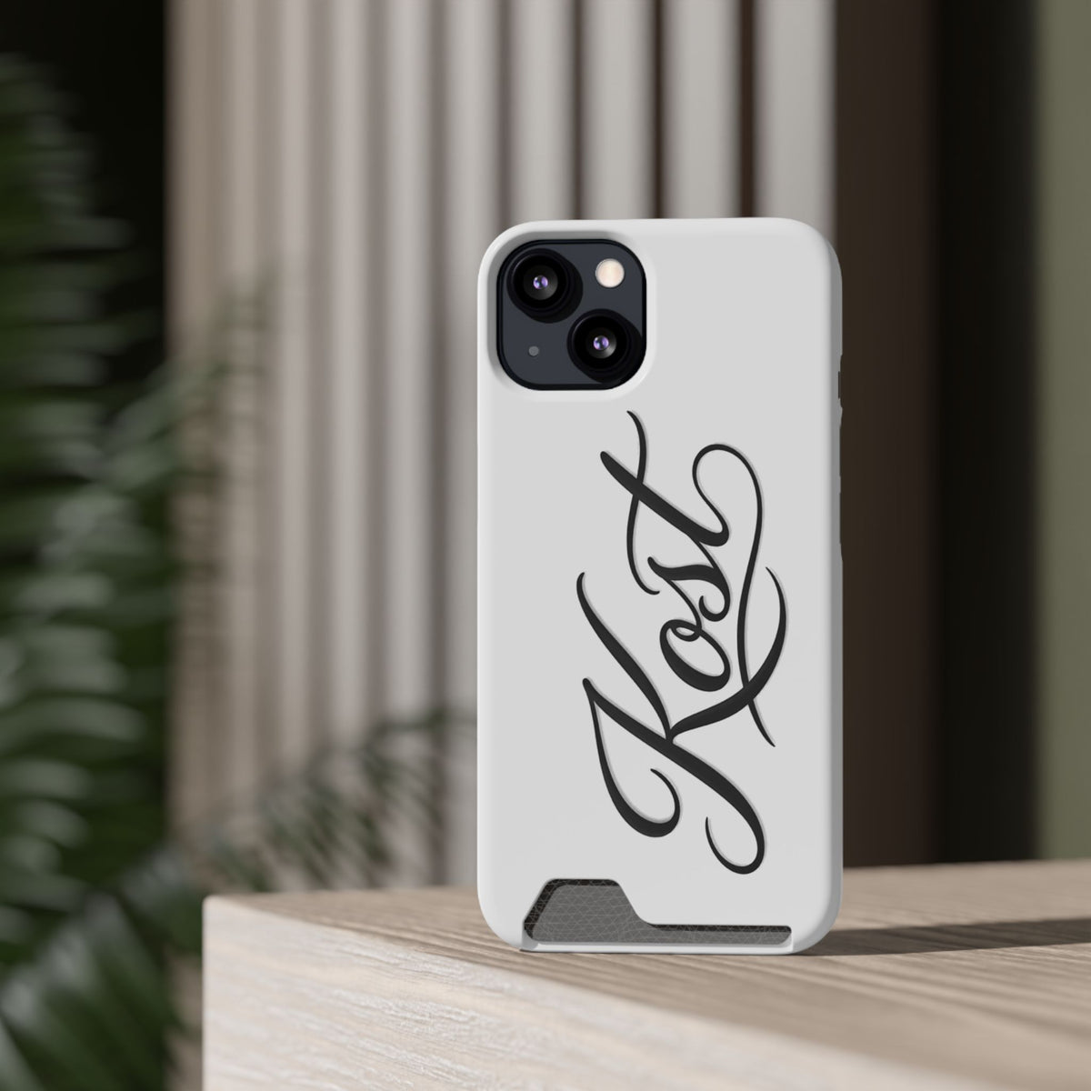Phone Case with Card Holder – Elegant Black Calligraphy Design
