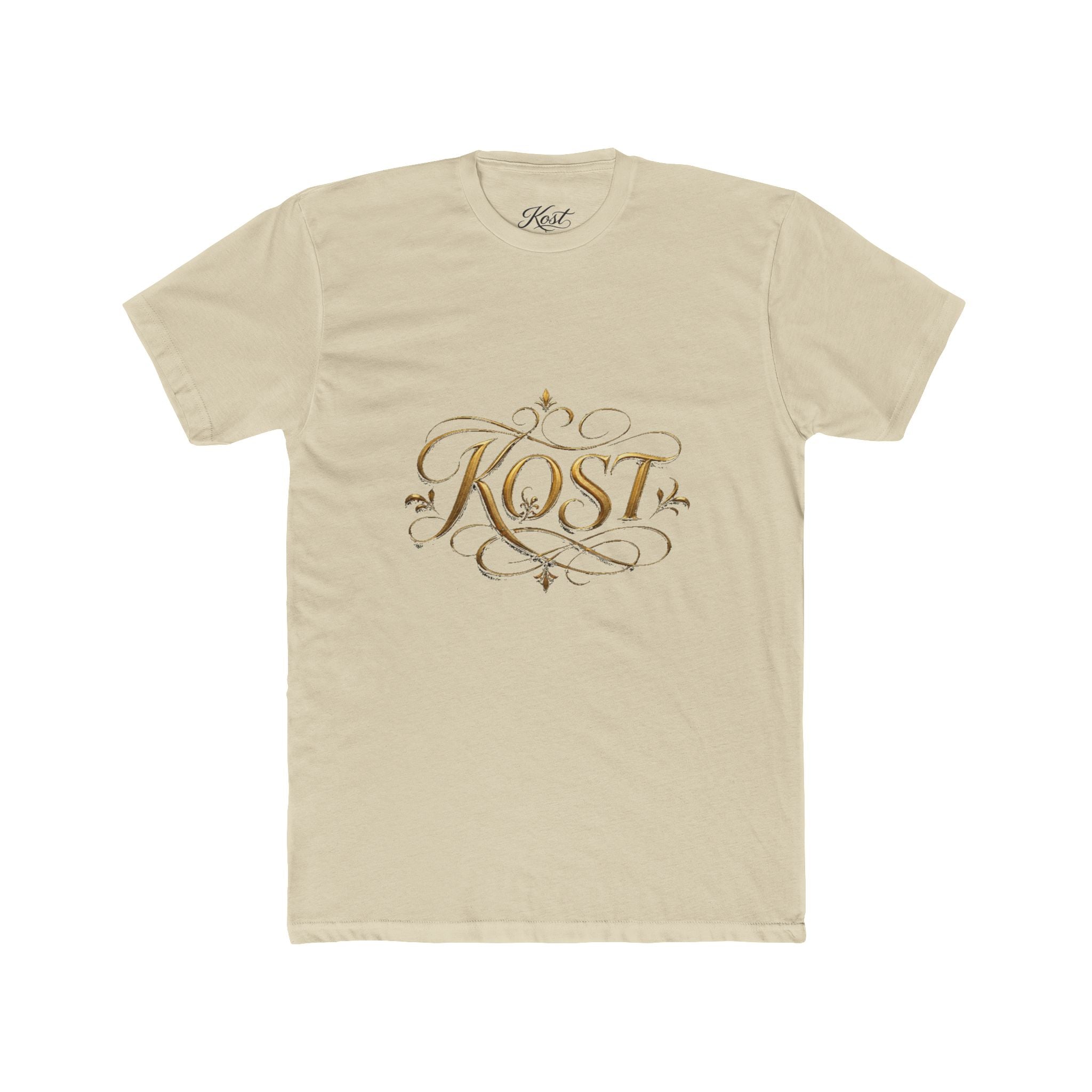 KOST Script Logo Tee — Elegant Gold Calligraphy Cotton T‑Shirt