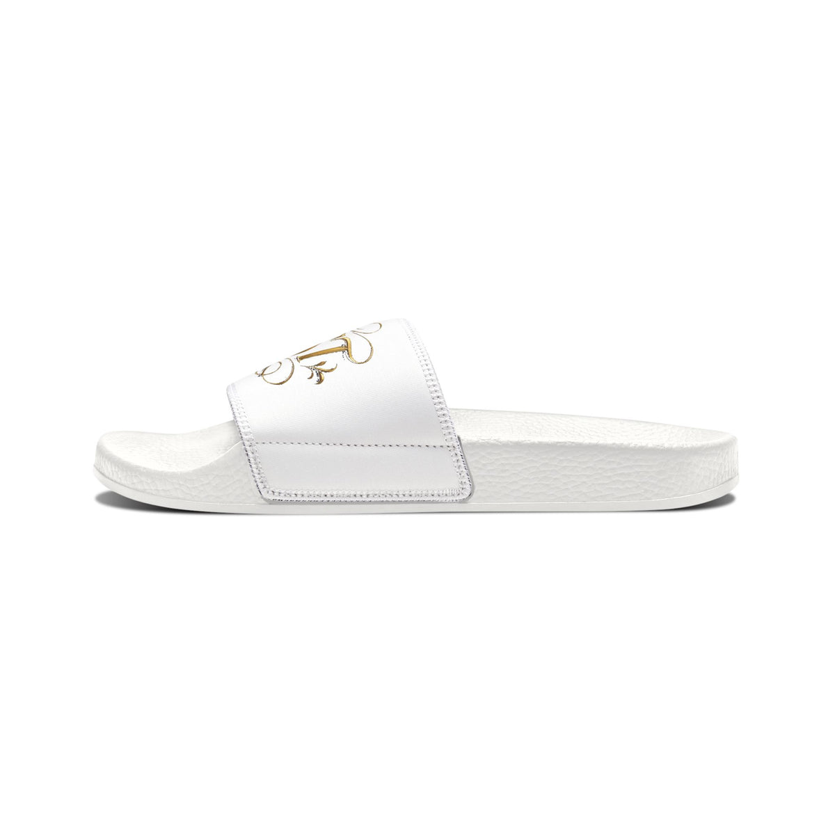 Men’s White Slide Sandals with Gold Rose Monogram