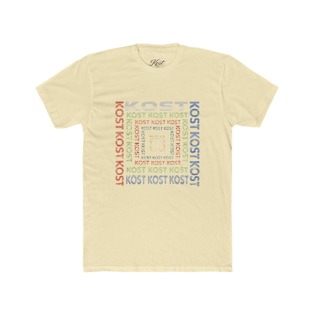 Kost Repeating Text Graphic Tee — Minimal Pastel Square Design