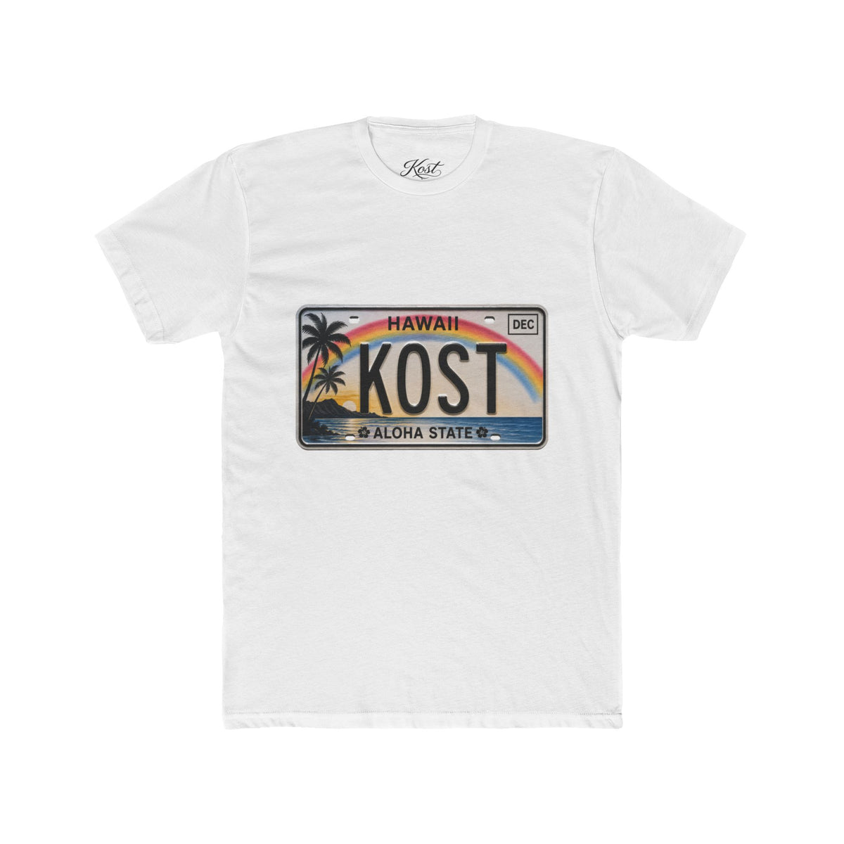 Hawaii License Plate Tee – KOST Aloha State Retro Palm Rainbow T-Shirt