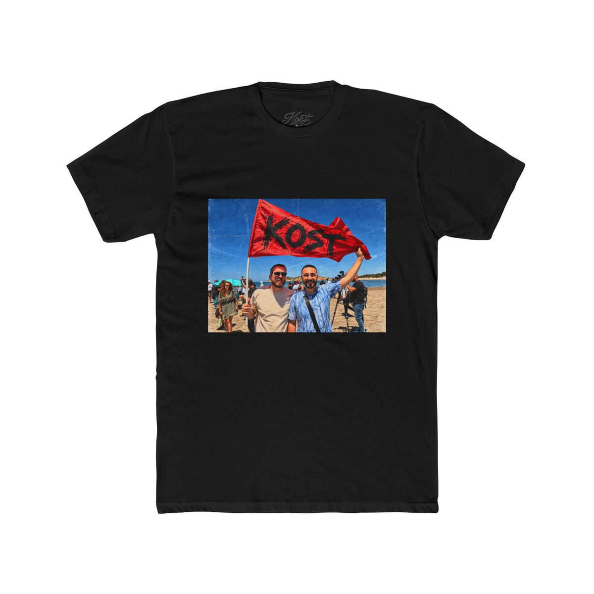Vintage Road Trip Tee — Friends Holding 'KOS' Flag Photo Print