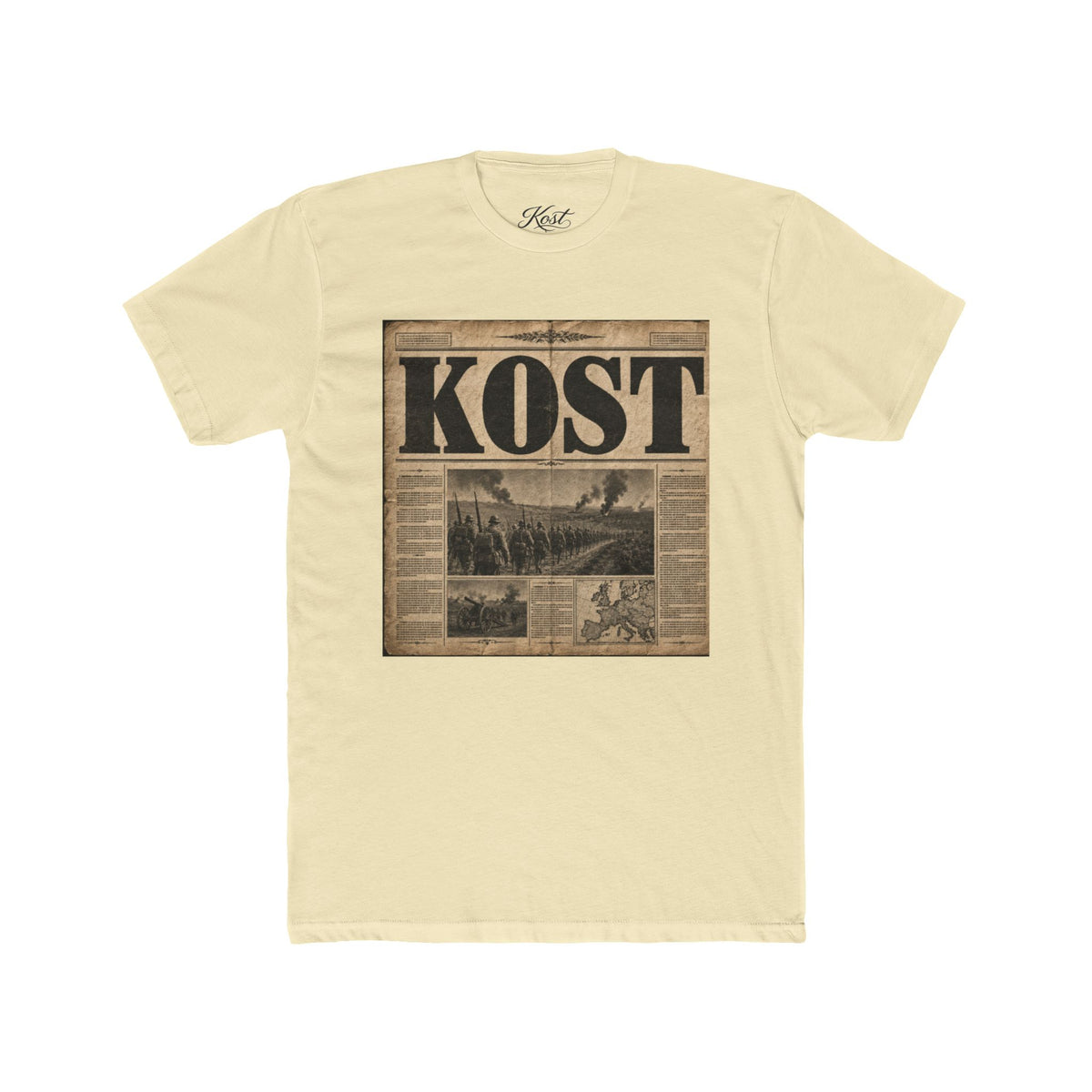 Vintage Newspaper 'KOST' Graphic Tee — Retro Travel Photo Shirt