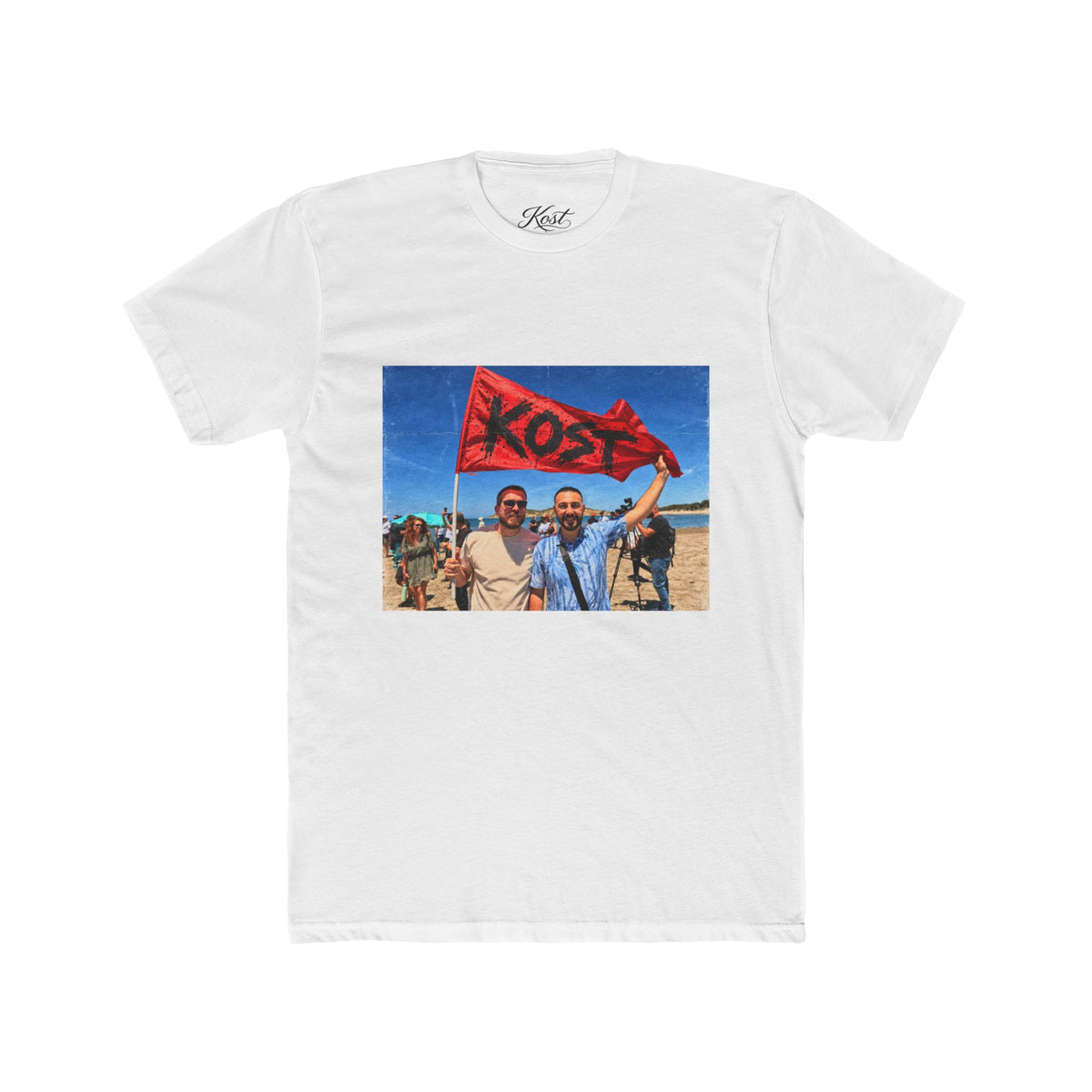 Vintage Road Trip Tee — Friends Holding 'KOS' Flag Photo Print