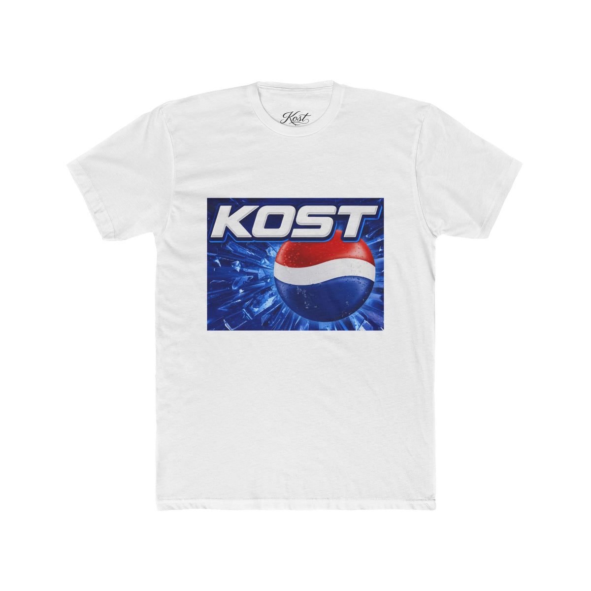 KOST Soda-Style Logo Tee — Retro Blue Pop Graphic T-Shirt