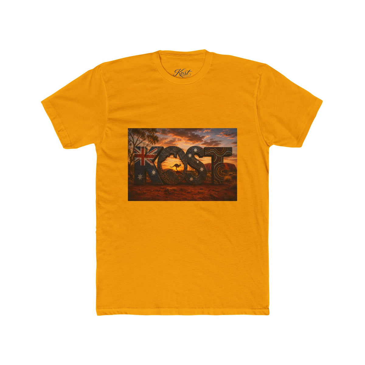 Aussie Sunset Coast T-Shirt — "Aussie" Kangaroo & Boomerang Beach Graphic Tee