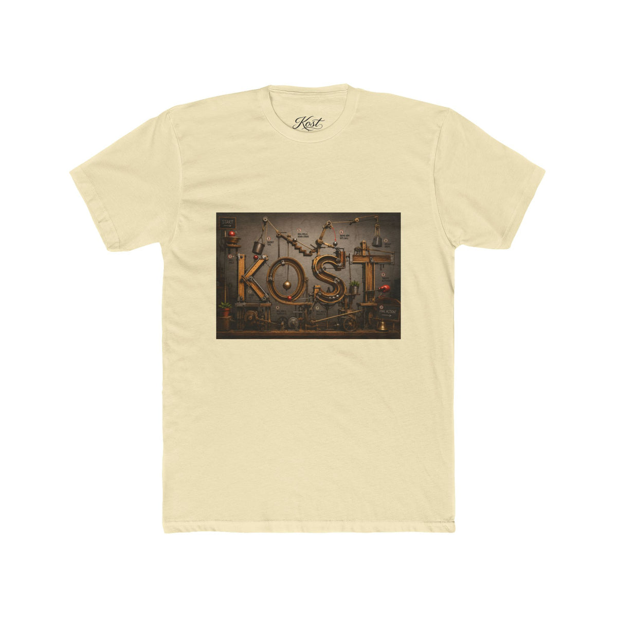 Retro Industrial 'KOST' Graphic Tee — Vintage Steampunk Lettering Shirt