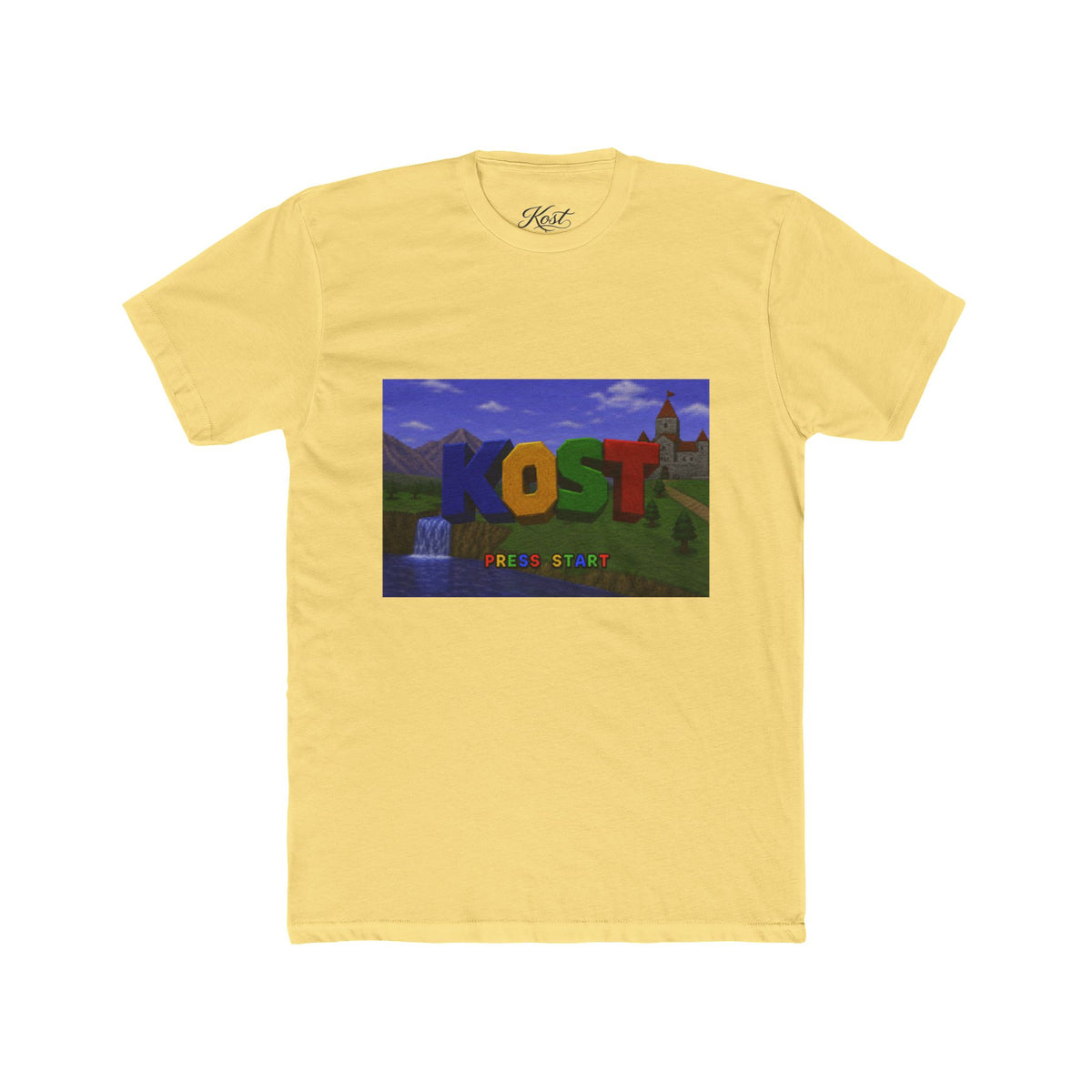 KOST Minecraft-Style Graphic Tee — Colorful Block Letter Landscape Shirt