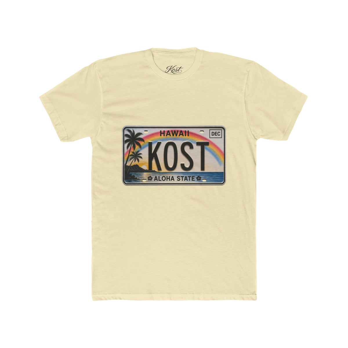 Hawaii License Plate Tee – KOST Aloha State Retro Palm Rainbow T-Shirt