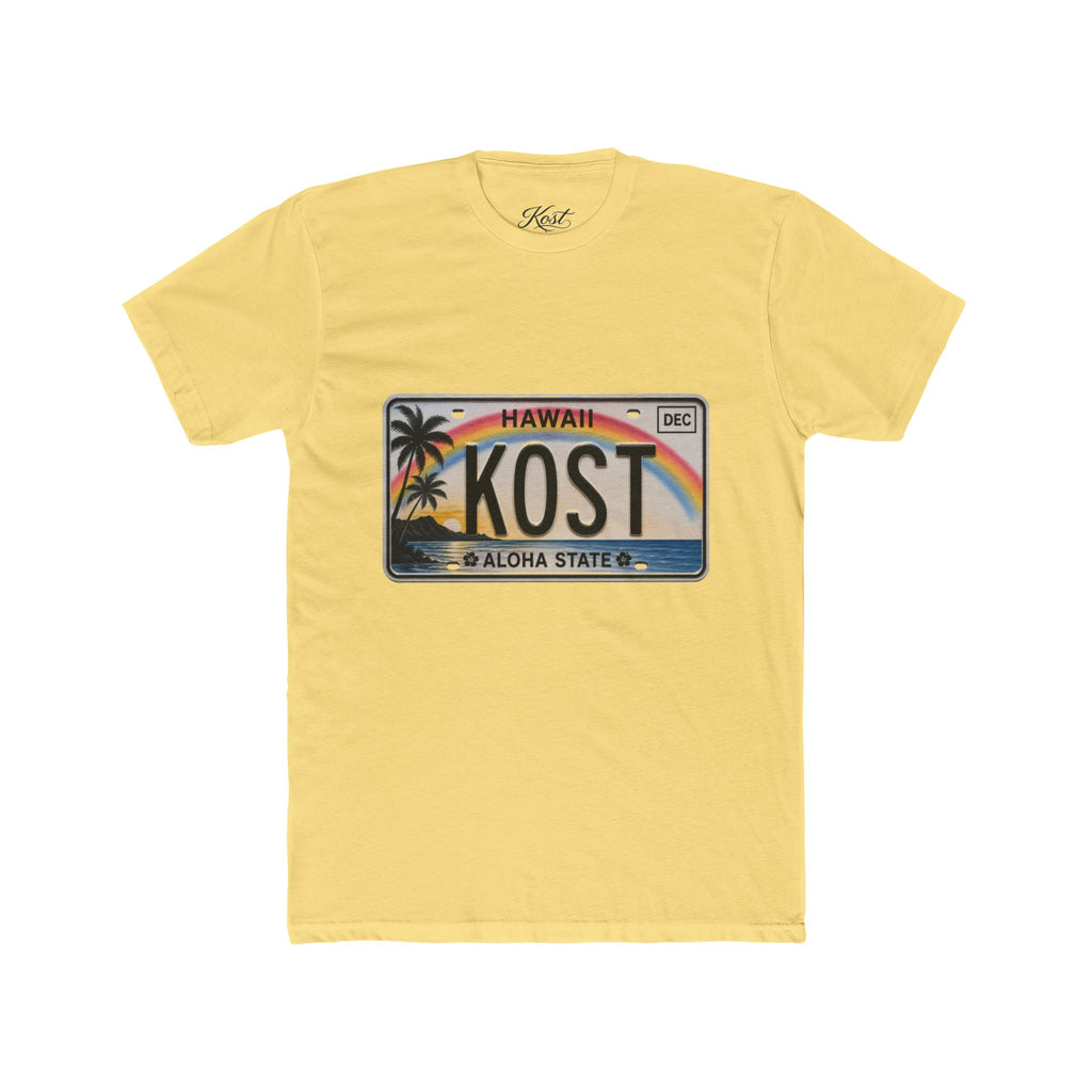Hawaii License Plate Tee – KOST Aloha State Retro Palm Rainbow T-Shirt