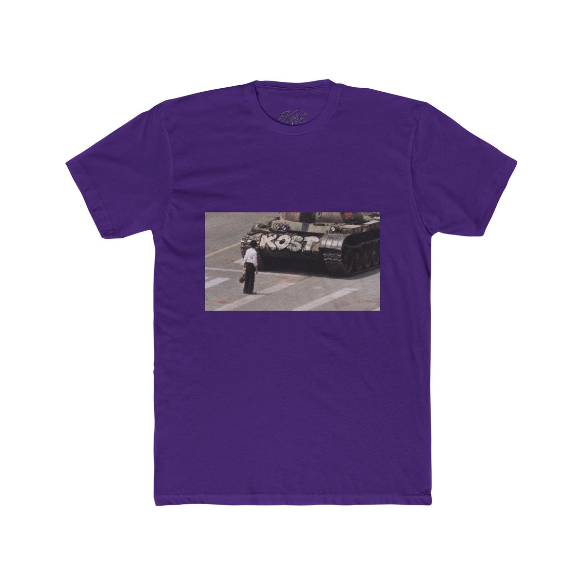 Vintage Photo Tee — Man Facing Tank with 'KOST' Graffiti