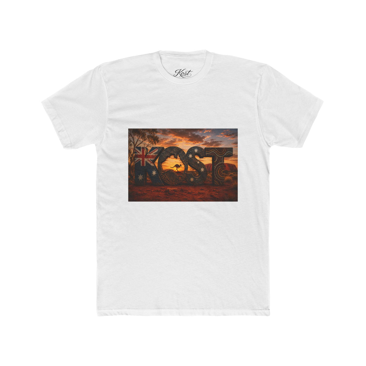 Aussie Sunset Coast T-Shirt — "Aussie" Kangaroo & Boomerang Beach Graphic Tee