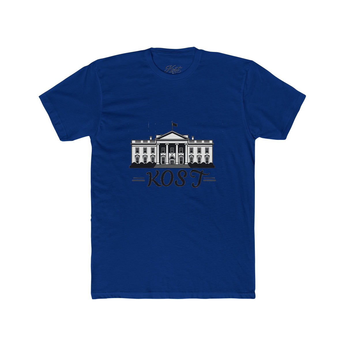 White Tee with White House Illustration and "KOST" Script – Patriotic Graphic T-Shirt
