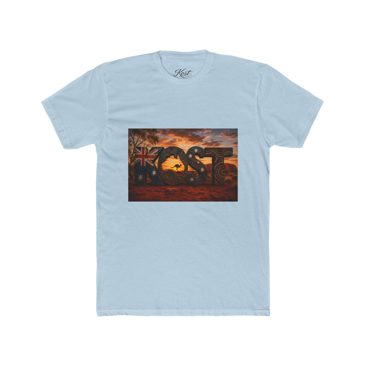 Aussie Sunset Coast T-Shirt — "Aussie" Kangaroo & Boomerang Beach Graphic Tee