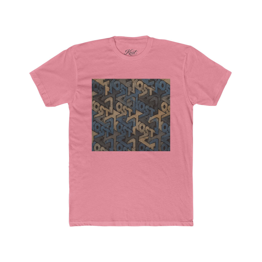 Geometric Maze Graphic Tee — Vintage Blue & Brown Optical Pattern