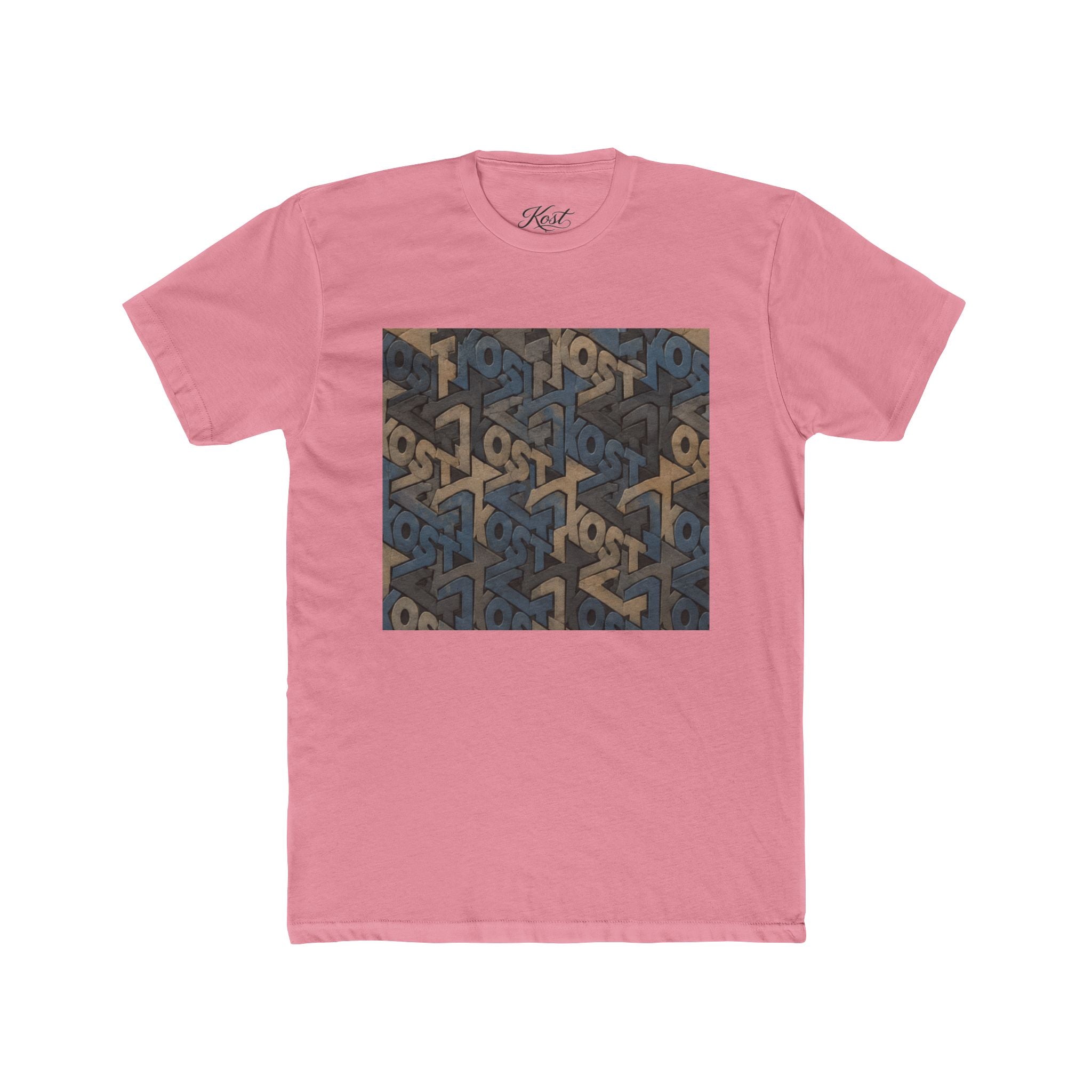 Geometric Maze Graphic Tee — Vintage Blue & Brown Optical Pattern