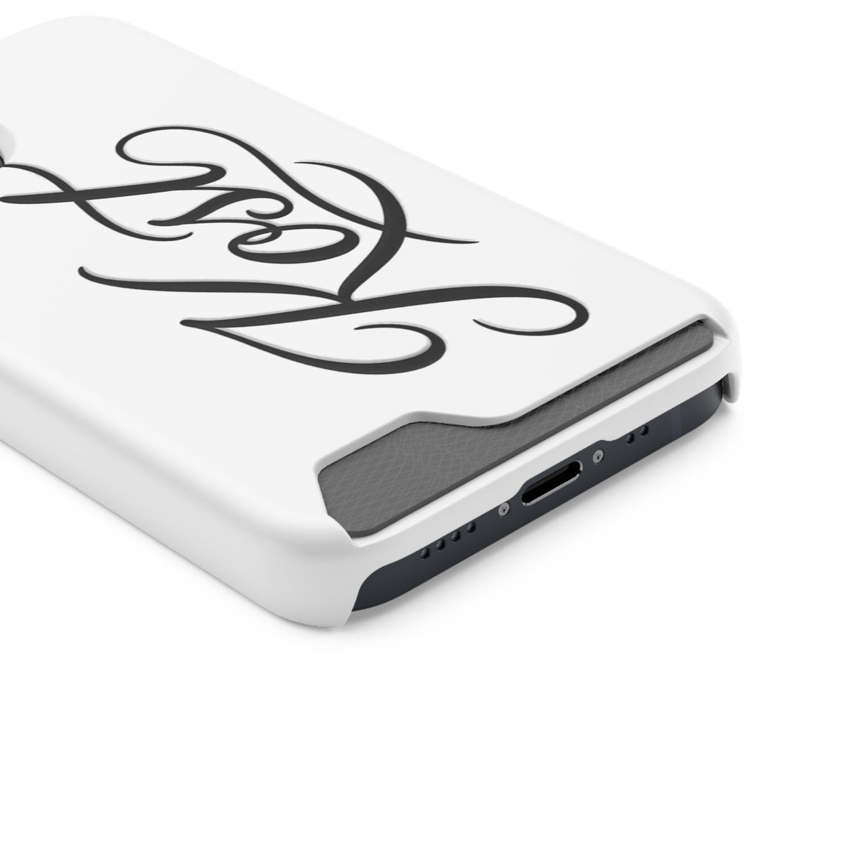 Phone Case with Card Holder – Elegant Black Calligraphy Design
