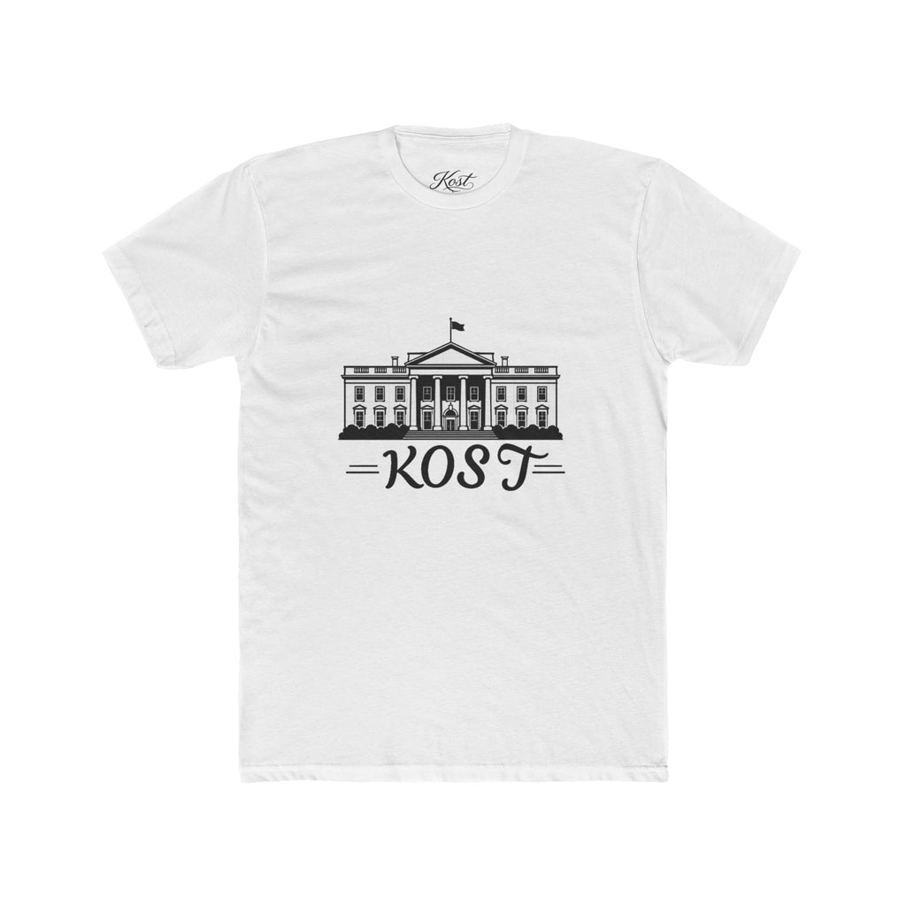 White Tee with White House Illustration and "KOST" Script – Patriotic Graphic T-Shirt
