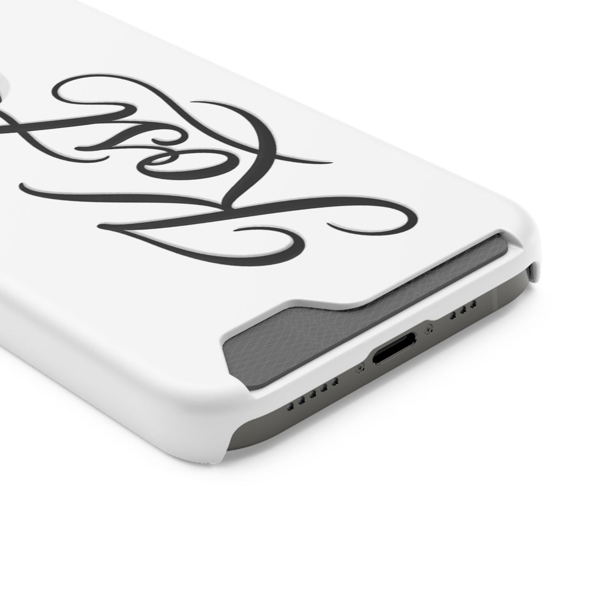 Phone Case with Card Holder – Elegant Black Calligraphy Design