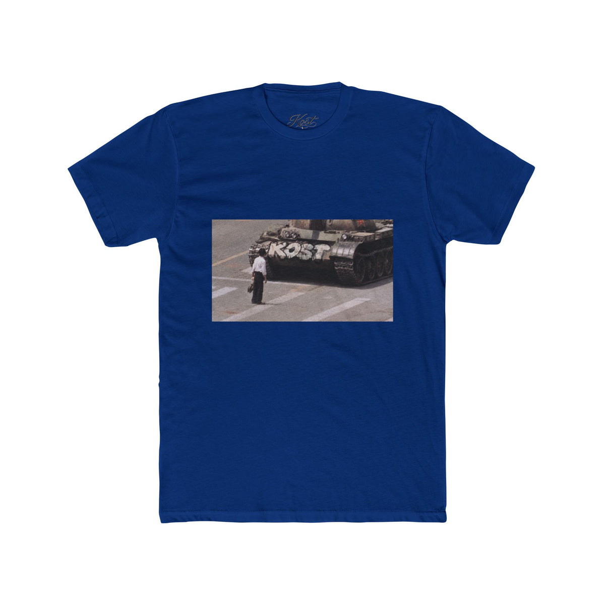 Vintage Photo Tee — Man Facing Tank with 'KOST' Graffiti