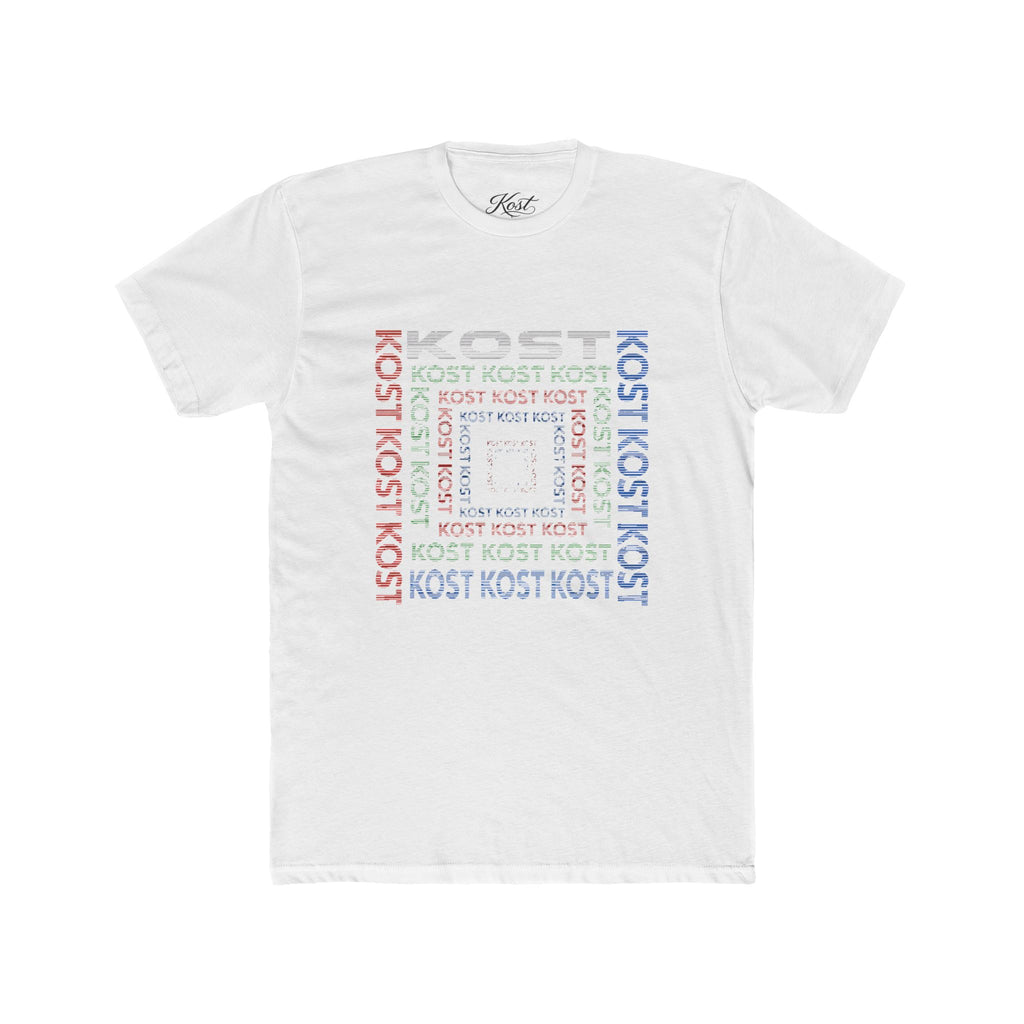 Kost Repeating Text Graphic Tee — Minimal Pastel Square Design