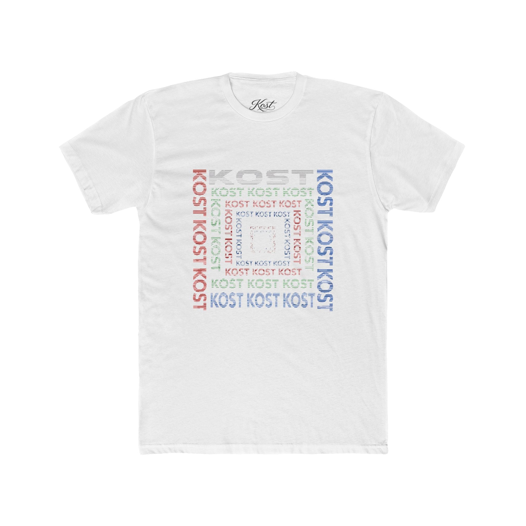 Kost Repeating Text Graphic Tee — Minimal Pastel Square Design