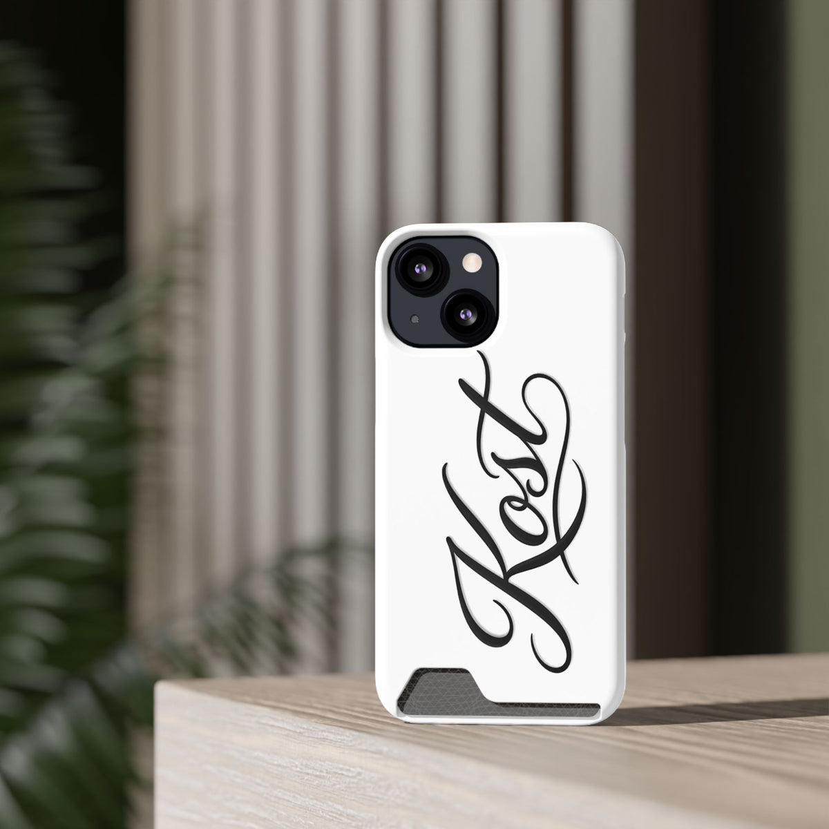 Phone Case with Card Holder – Elegant Black Calligraphy Design