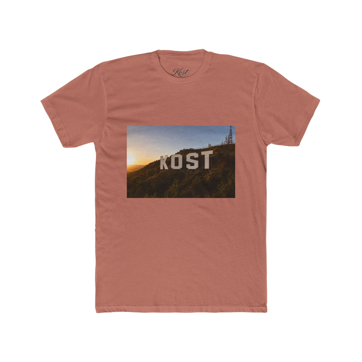 KOST Sunset Hollywood Sign Photo Tee — Vintage LA Skyline Graphic T-Shirt