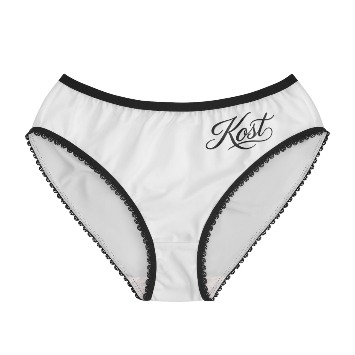 Women's Briefs with “Kost” Script and Black Lace Trim