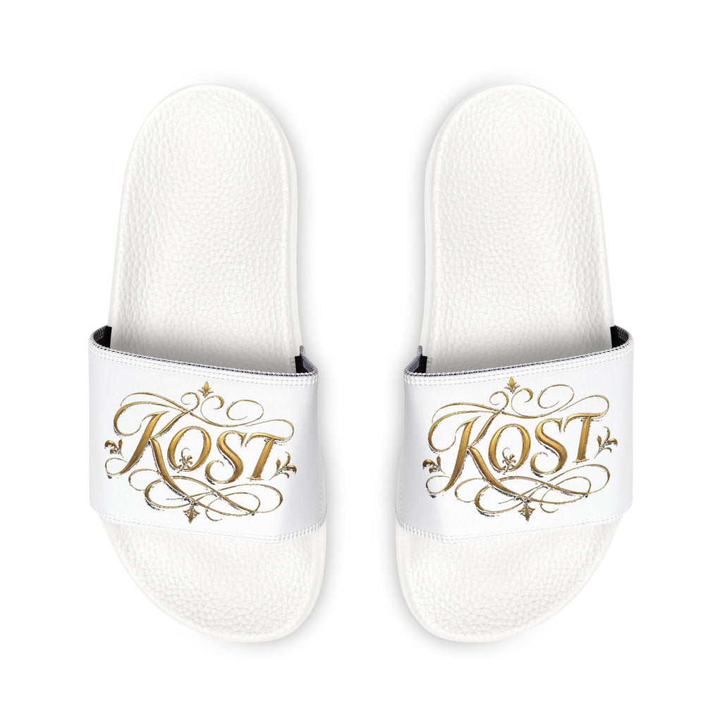 Men’s White Slide Sandals with Gold Rose Monogram