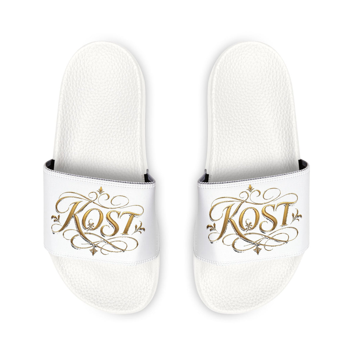 Men’s White Slide Sandals with Gold Rose Monogram