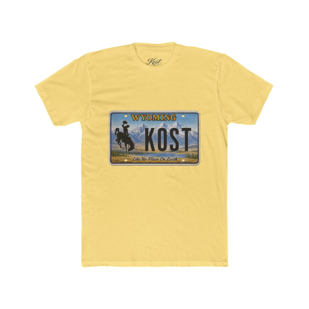Wyoming License Plate Tee — 'KOST' Cowboy Scenic Graphic T-Shirt