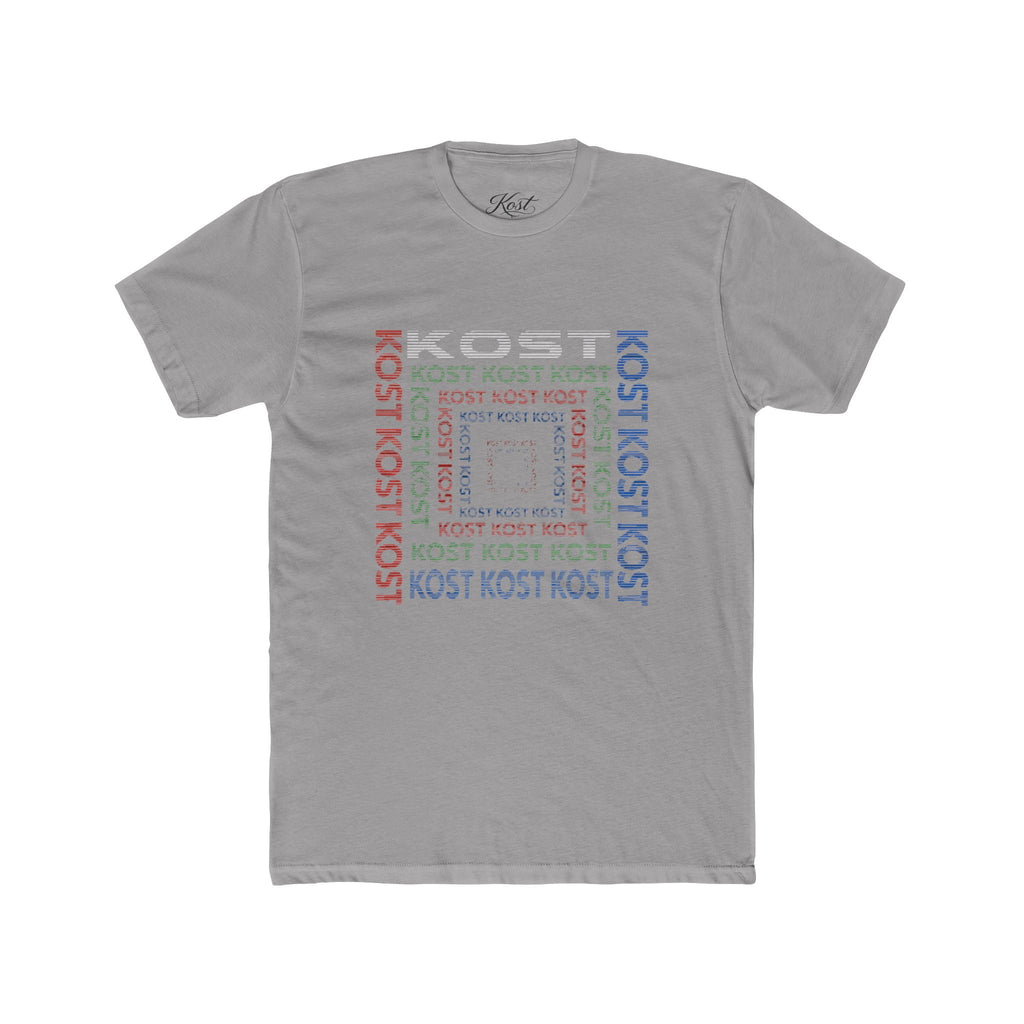 Kost Repeating Text Graphic Tee — Minimal Pastel Square Design