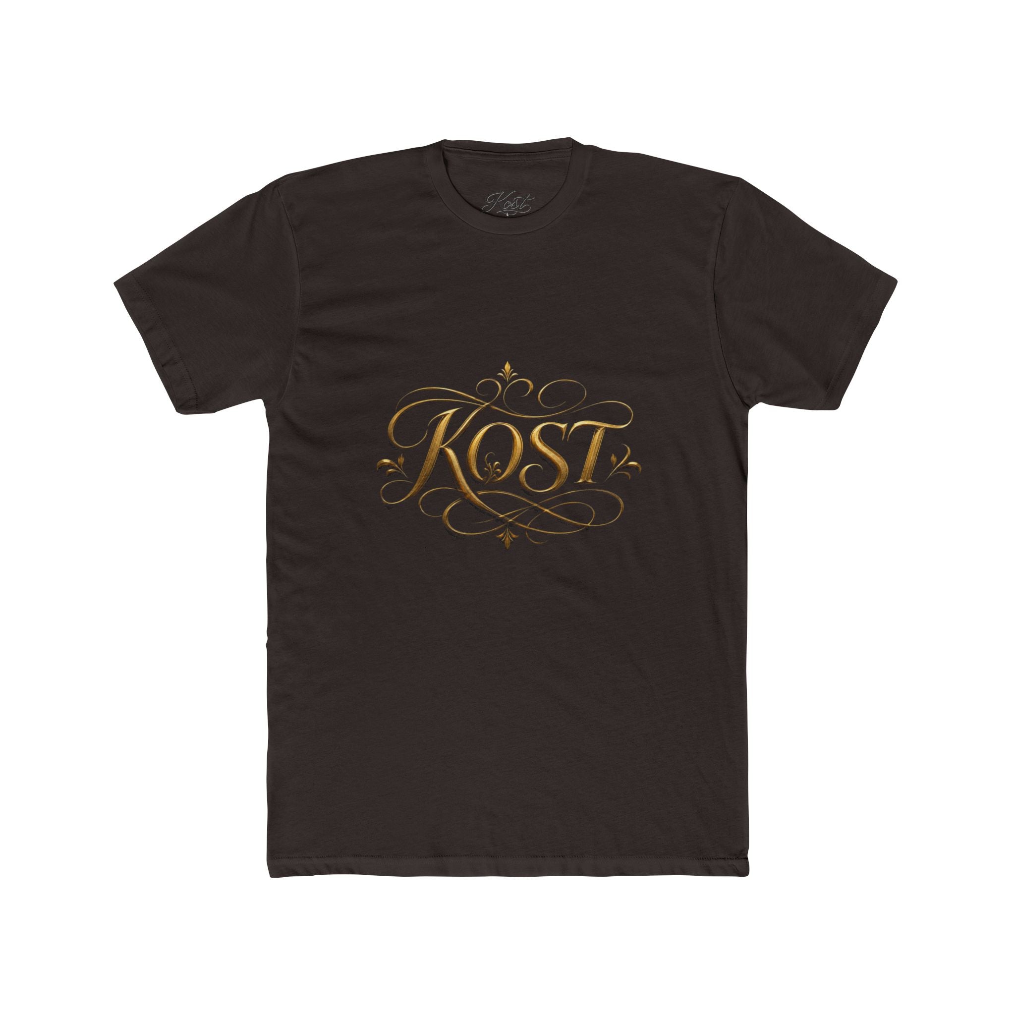 KOST Script Logo Tee — Elegant Gold Calligraphy Cotton T‑Shirt