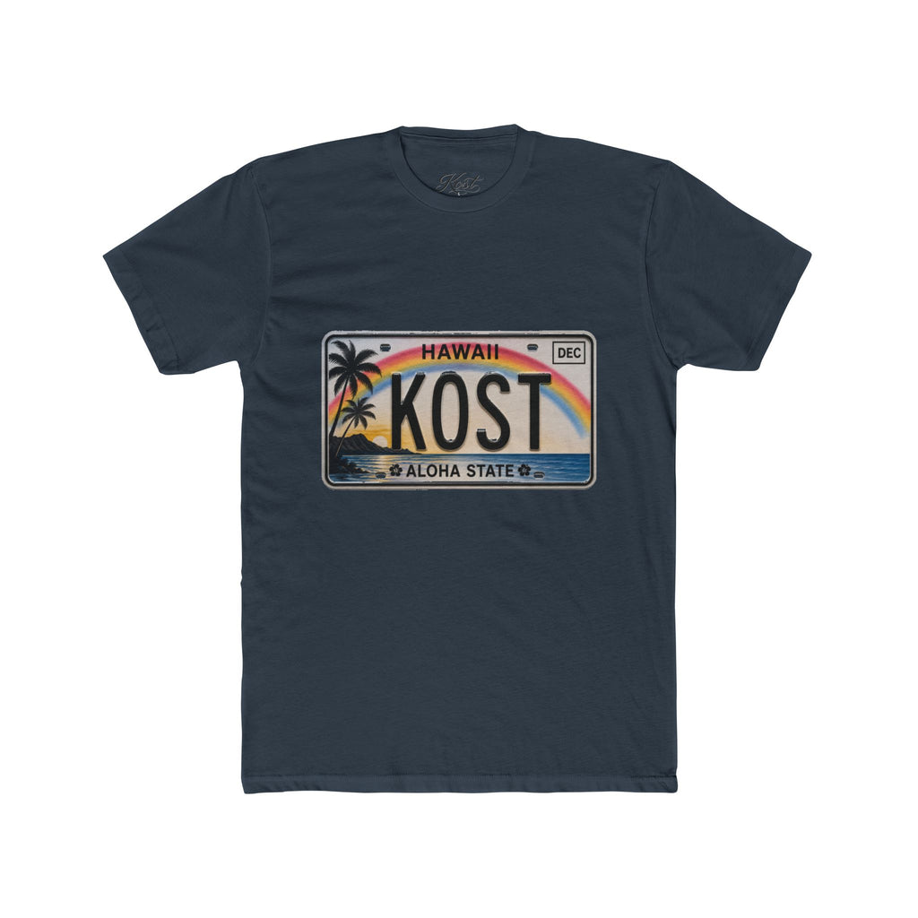 Hawaii License Plate Tee – KOST Aloha State Retro Palm Rainbow T-Shirt