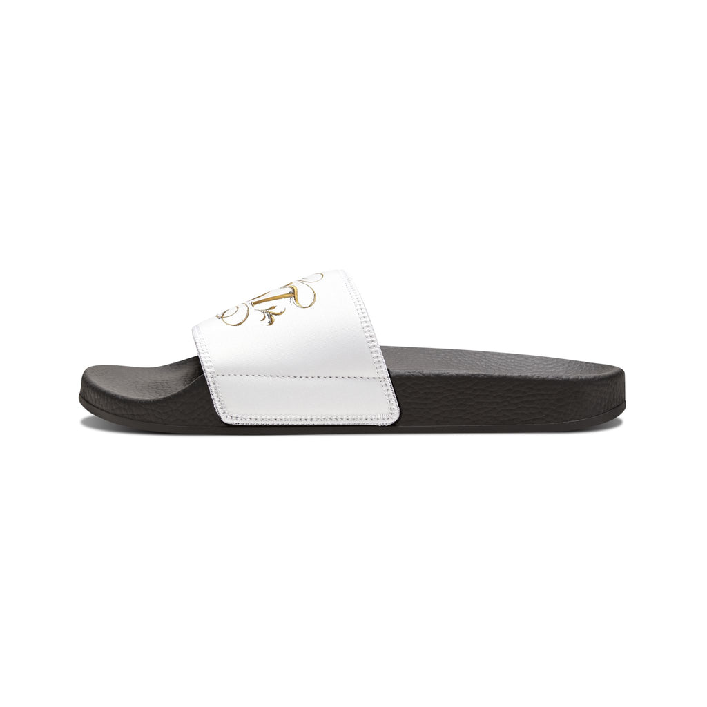 Men’s White Slide Sandals with Gold Rose Monogram