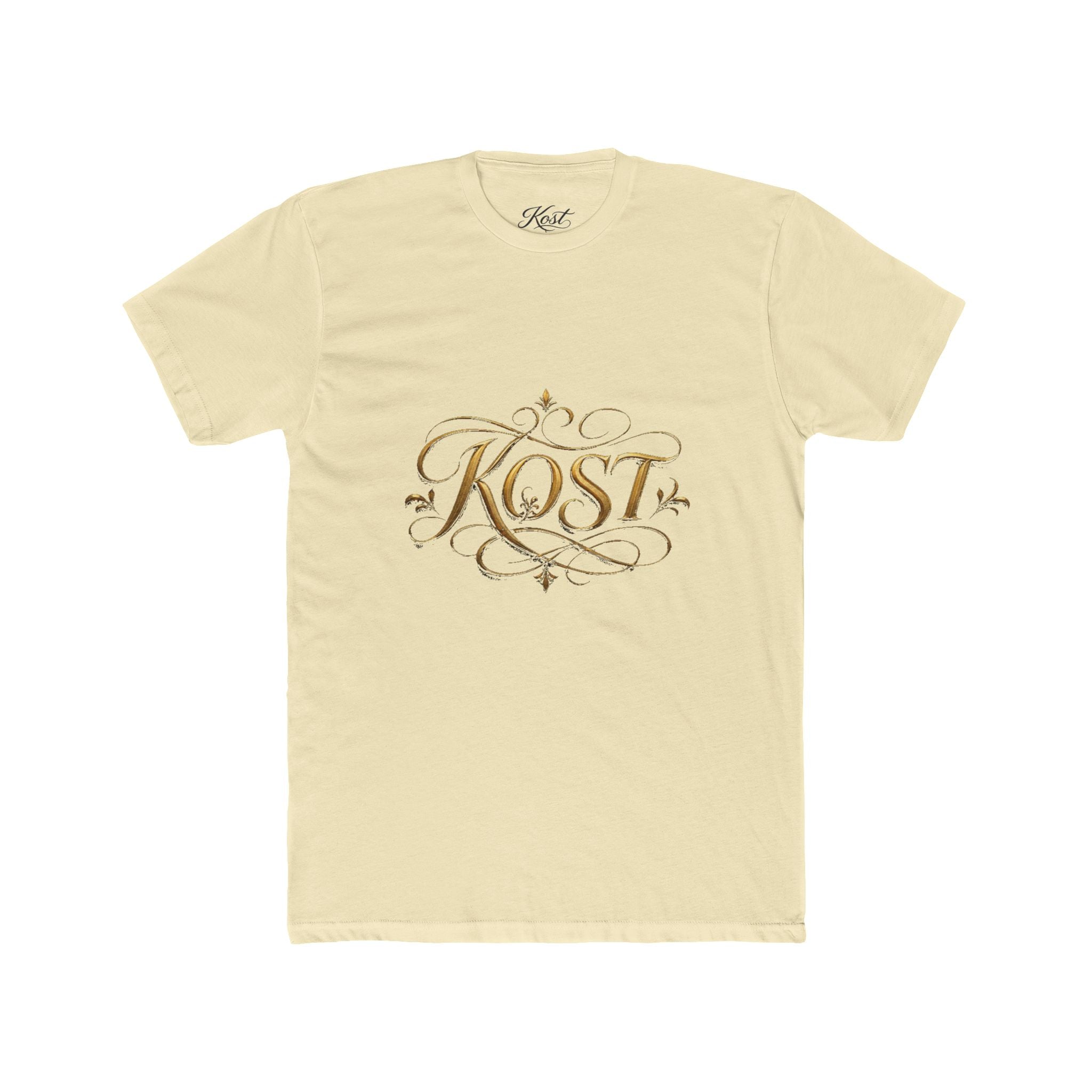 KOST Script Logo Tee — Elegant Gold Calligraphy Cotton T‑Shirt