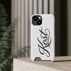 Phone Case with Card Holder – Elegant Black Calligraphy Design
