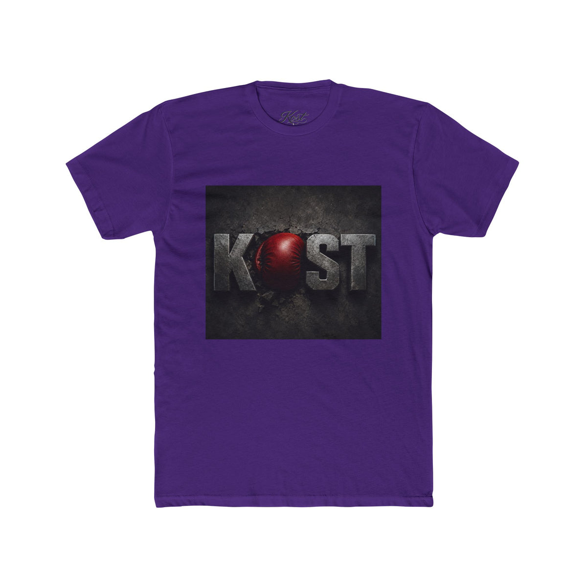 KOST Logo T-Shirt — Distressed Metallic Text with Red Orb Graphic