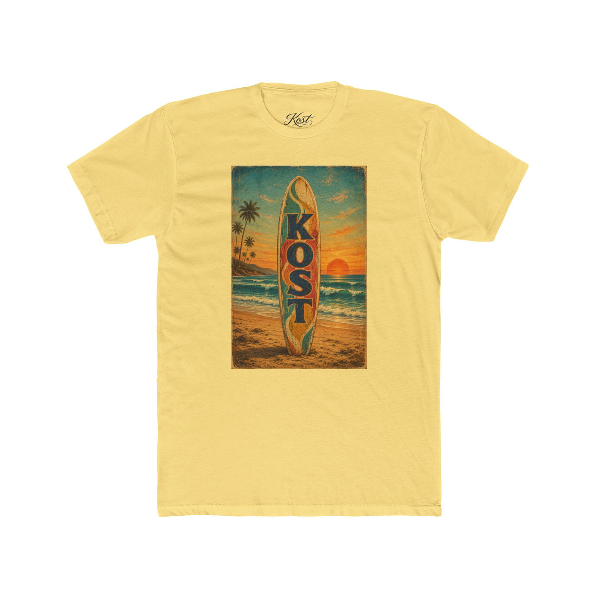 Surfboard Beach Tee – 'KOST' Vintage Sunset Surf Shirt